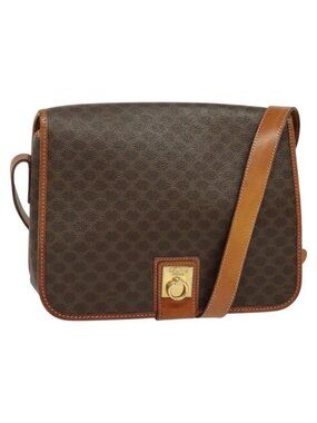 Authentic CELINE Macadam Canvas Shoulder Bag PVC Leather Brown Gold